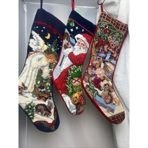 Lot of 3 Vintage Wool Needlepoint Christmas Stockings Santa Angel Teddy Bears